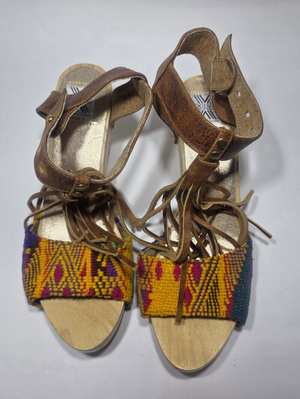 Uxibal Womens Size 8 Leather Ankle Strap Wooden Heel Colorful Woven Sandals Boho - Picture 2 of 7